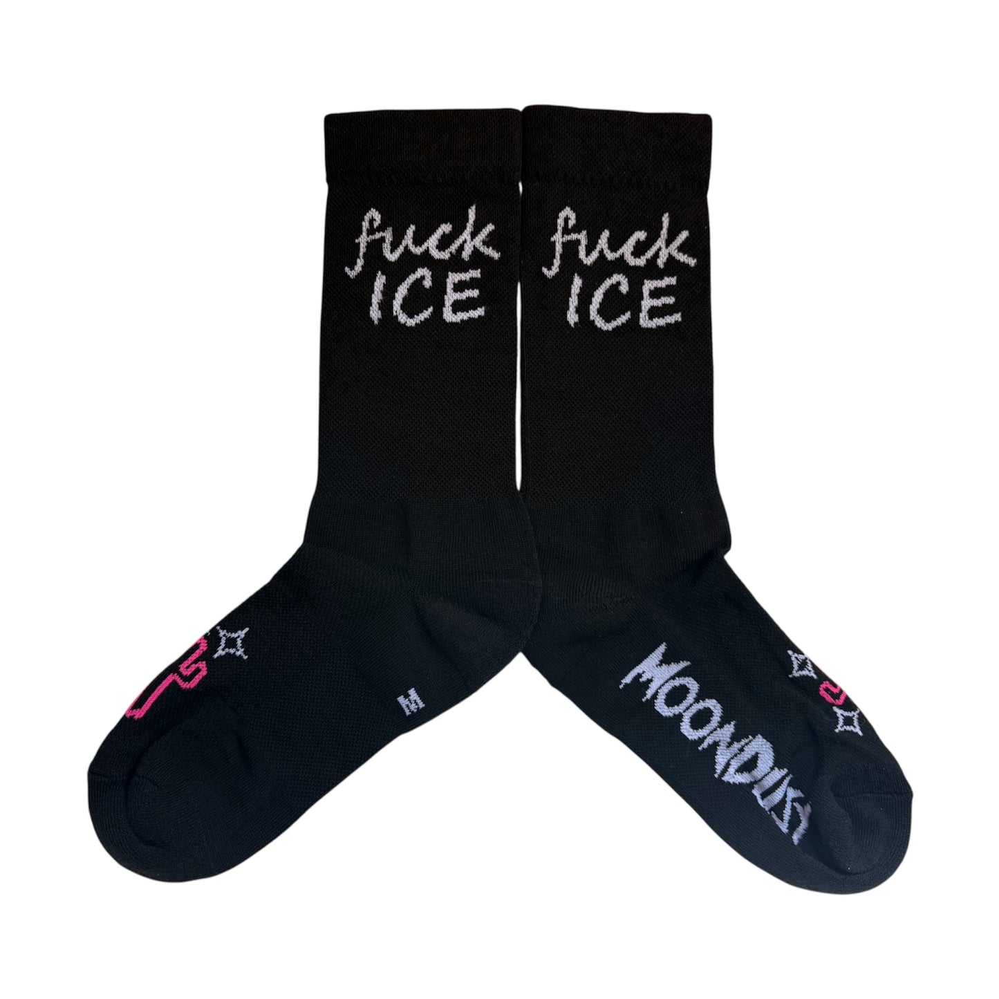 black socks with white text that says 'fuck ICE'