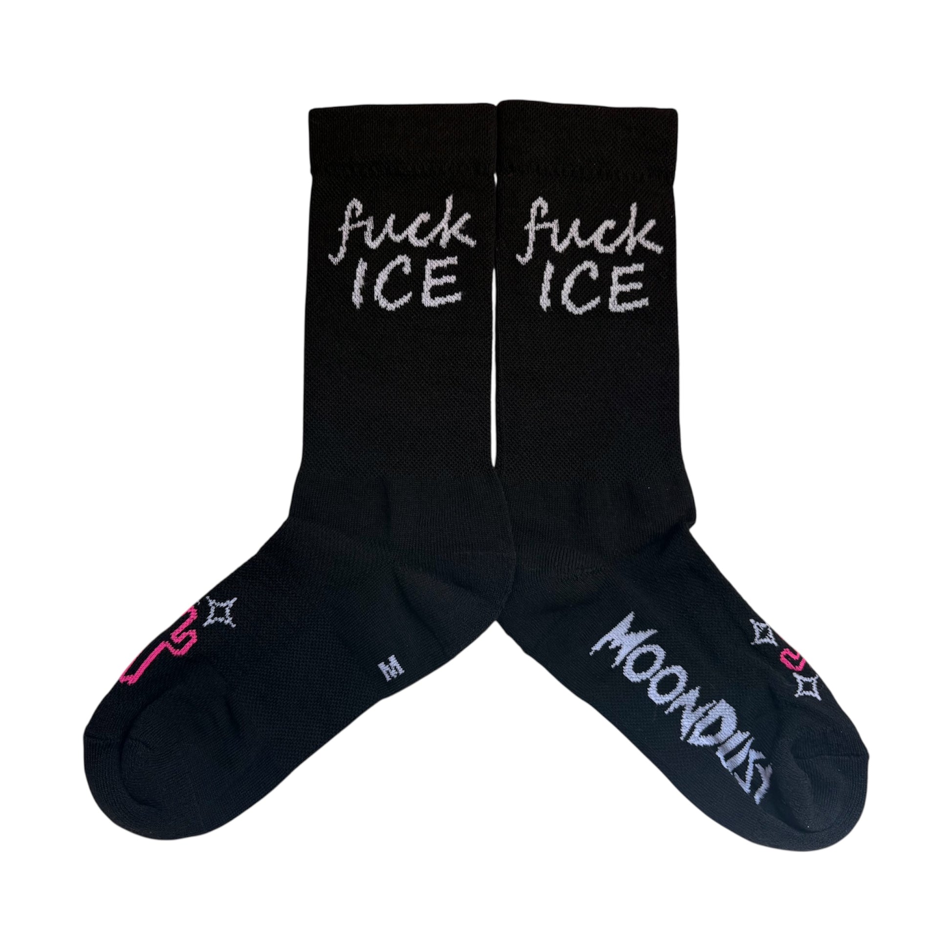 black socks with white text that says 'fuck ICE'